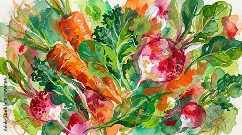 Abstract watercolor painting of vibrant fresh vegetables including carrots radishes and leafy greens in colorful artistic blend