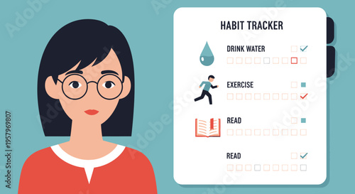 Vector illustration of woman with habit tracker checklist