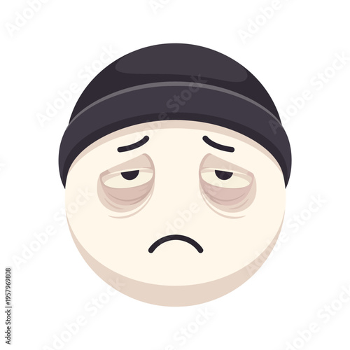 Tired Face Emoji with Dark Circles Under Eyes Wearing Black Beanie