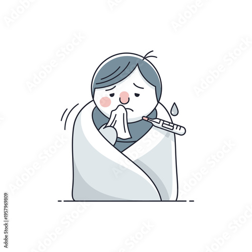 Sick person wrapped in blanket with thermometer and tissue, feeling unwell