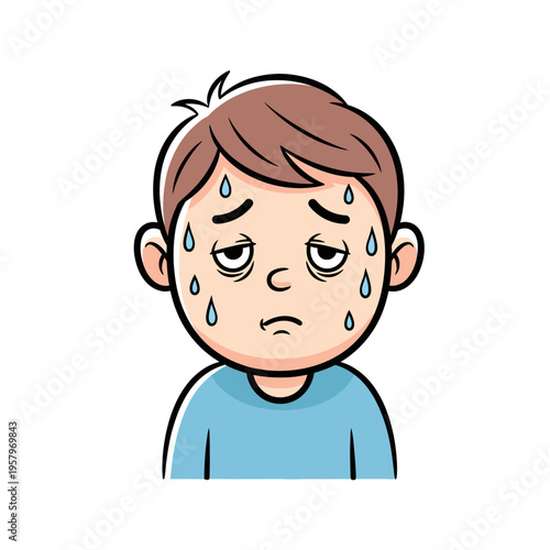 Young Boy Sweating Heavily, Feeling Sick or Overheated, Cartoon Illustration