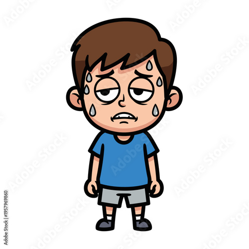 Cartoon Boy Sweating Heavily, Feeling Overheated and Exhausted