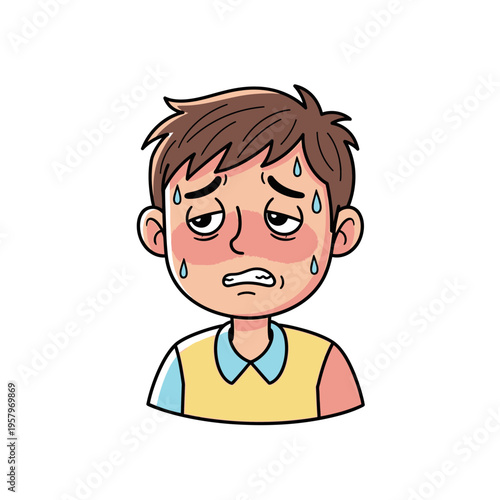 Young boy sweating heavily, flushed face, feeling unwell, sick, fever, heatstroke, exhaustion, cartoon illustration