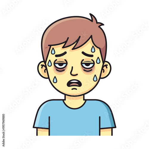 Exhausted Boy Sweating Heavily, Feeling Sick and Tired, Cartoon Illustration