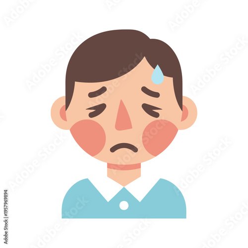 Sad Boy Face Icon with Sweat Droplet, Expressing Disappointment and Fatigue