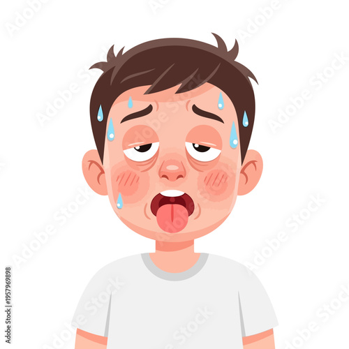 Exhausted Boy Sweating Heavily, Thirsty and Tired Face with Drooping Eyes
