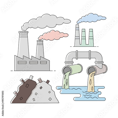 Industrial pollution: factories, waste dump, and sewage pipes polluting water