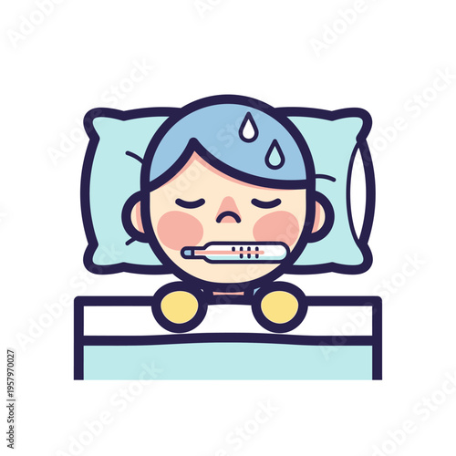 Sick Child with Thermometer in Mouth, Sweating and Sleeping on Pillow
