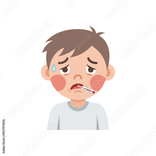 Sick Child with Thermometer in Mouth, Sweating, Feeling Unwell