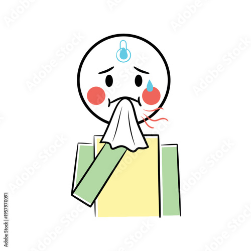 Sick person with fever and runny nose blowing their nose with a tissue, illustration