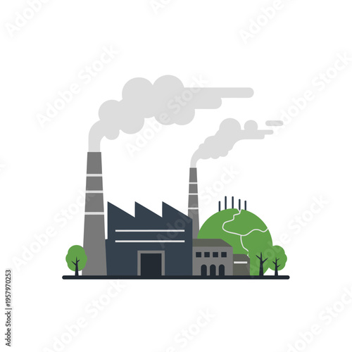 Factory with smoke stacks releasing pollution near green hill and trees
