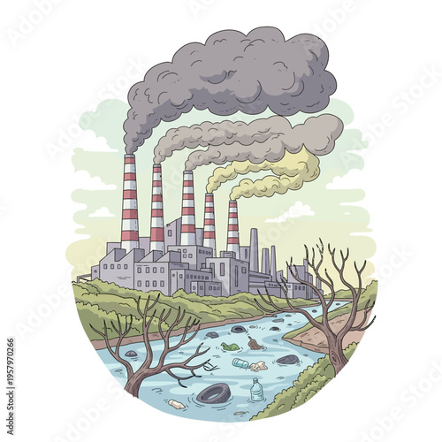 Polluting factory emitting smoke into the sky over a dirty river with dead trees and trash.