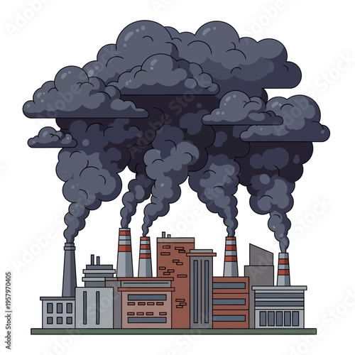 Industrial factory emitting dark smoke plumes into the sky, pollution concept
