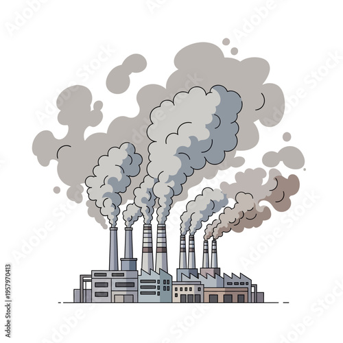 Industrial factory emitting smoke and pollution into the sky, environmental concept