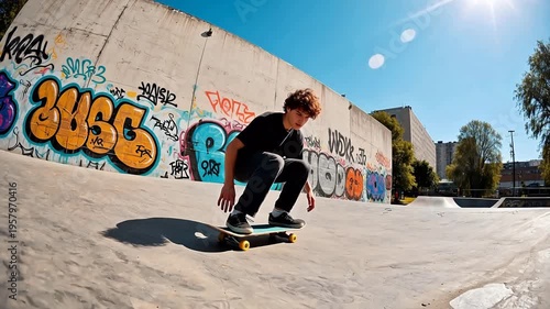 Skateboarder performing trick at skatepark