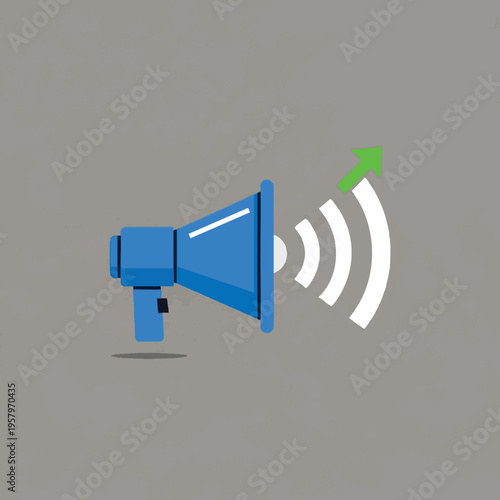 Blue megaphone broadcasts sound waves with an upward green arrow