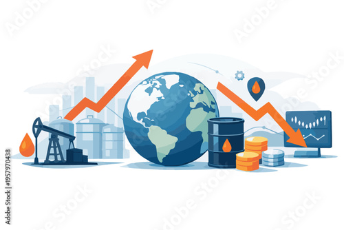 A modern vector of oil and fuel prices appearing stable, accompanied by rising and falling graphs, illustrating economic conditions, market dynamics, and price movement.