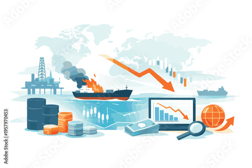 A vector illustration showing an economy shaken by disrupted fuel transport via sea, featuring declining graphs and unstable trends to represent crisis and supply chain impact.
