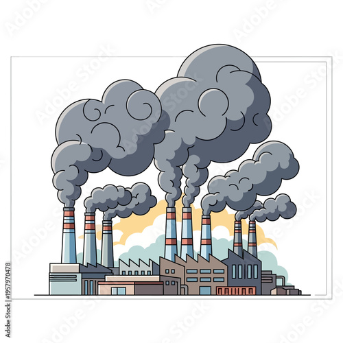 Industrial factory smokestacks emitting thick dark smoke against a cloudy sky