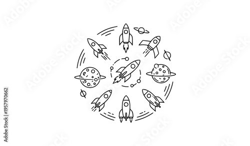 Rocket outline icon circle with space launch and exploration symbols vector collection