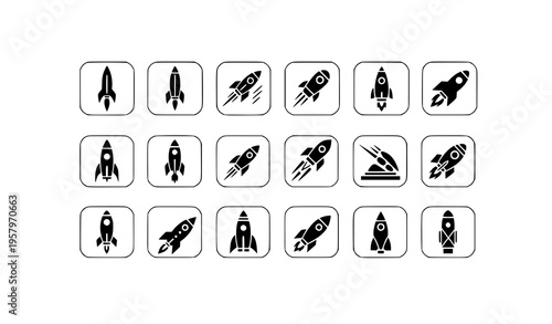 Rocket icon grid in rounded square frames with launch and space exploration vector set