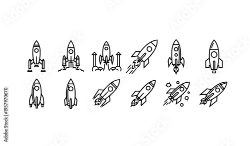 Rocket icon set with launch and flight symbols in black and white minimal vector design