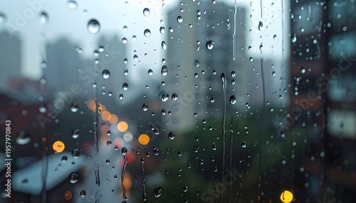 Raindrops dripping down window pane with blurred high rise buildings in gloomy urban environment