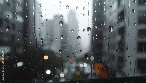 Rainy window glass with blurred car headlights and warm bokeh lights on city street at night