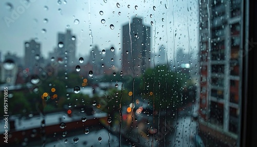 Detailed water droplets on window glass reflecting blue city lights and dark buildings after rain