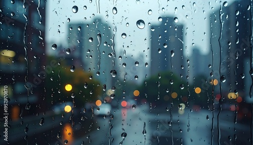 Raindrops on window glass with blurred city buildings and street lights at twilight for cozy mood