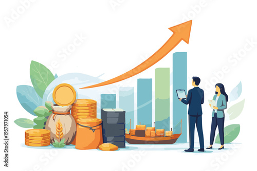A vector illustration showing rising export graphs of various commodities, representing business growth, trade expansion, and economic development in a clean modern style.