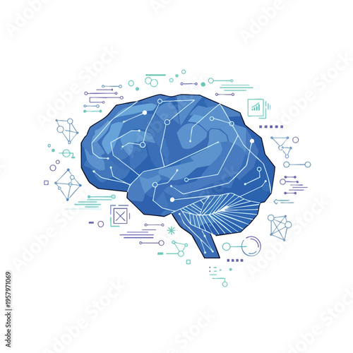 A stylized polygonal brain with glowing circuits and abstract data visualizations