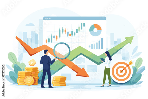 A vector illustration showing rising and falling economic graphs, representing business trends, market fluctuations, and financial dynamics in a clean and modern style.