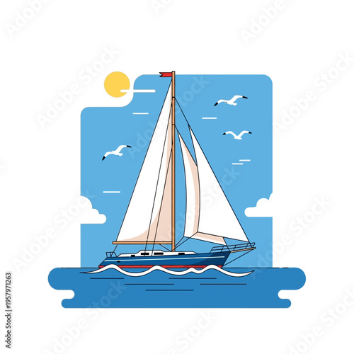 Sailing boat on the sea under the sun with seagulls, flat design illustration