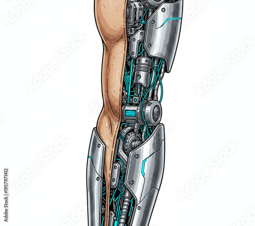 Detailed illustration of a human leg with advanced robotic mechanical prosthetic augmentation showing intricate gears and wiring
