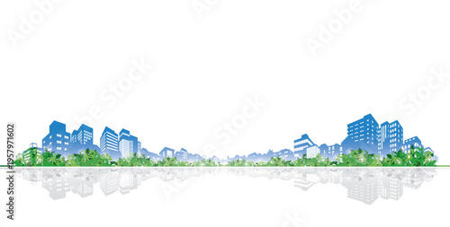 Sustainable city: Lush green trees layered with skyscraper silhouettes.