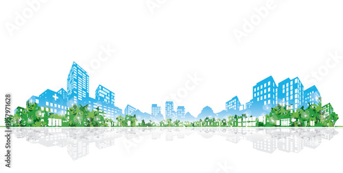 Symbol of growth and vitality: Fresh greenery projection mapping on urban buildings.