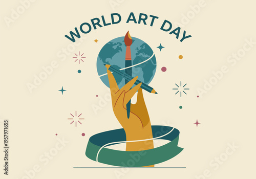World Art Day with a hand holding a paintbrush and pencil, surrounded by colorful stars and a globe.