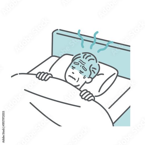 体調不良で寝汗をかいて寝苦しいシニア男性のイラスト（発熱・室内熱中症）