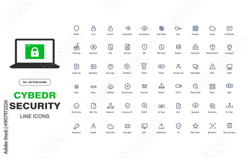 Cyber security icon pack featuring 60 professional line icons for data protection, encryption, firewall, network security, surveillance, and digital privacy. Modern minimal vector icons.