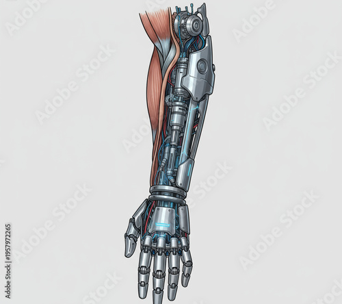 Detailed conceptual illustration depicting the seamless integration of human biology and advanced mechanical components in a bionic forearm, symbolizing future technological augmentation and design