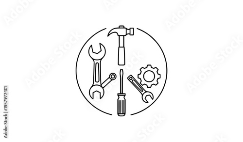 Minimal repair tools icon circle composition hammer wrench gear vector logo design