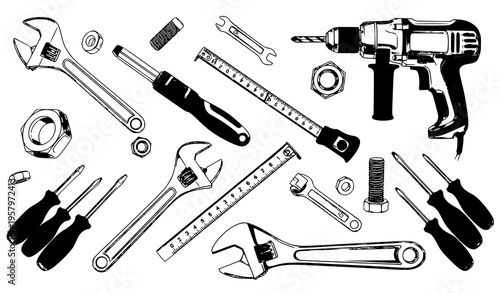 Detailed repair tools collection mechanic equipment hardware vector illustration set