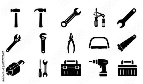 Repair tools icon set flat silhouette hammer wrench screwdriver vector illustration