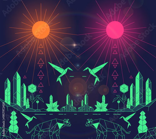 Radiant geometric ecosystem with mirrored flora and fauna thriving beneath two luminous suns, a captivating digital concept of harmonious duality