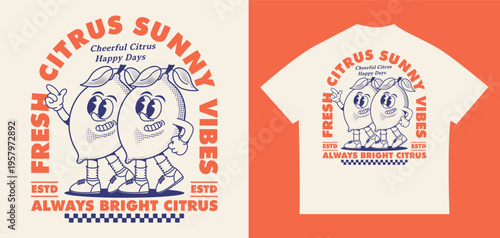 Retro citrus lemon character design with Fresh Sunny Vibes slogan. Vintage mascot illustration with halftone textures, perfect for streetwear apparel, tshirts, and urban posters