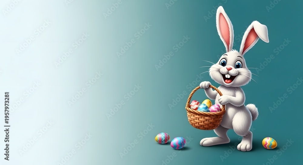 Obraz premium Easter sunday celebration with happy easter bunny holding colorful eggs