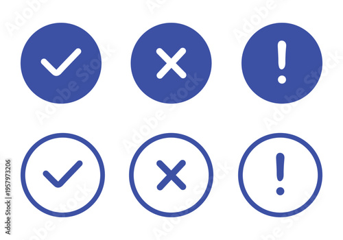 Status icon set with check mark, cross and exclamation symbols. Success, error and warning indicators. System notification and interface elements for confirmation, alerts and feedback states.