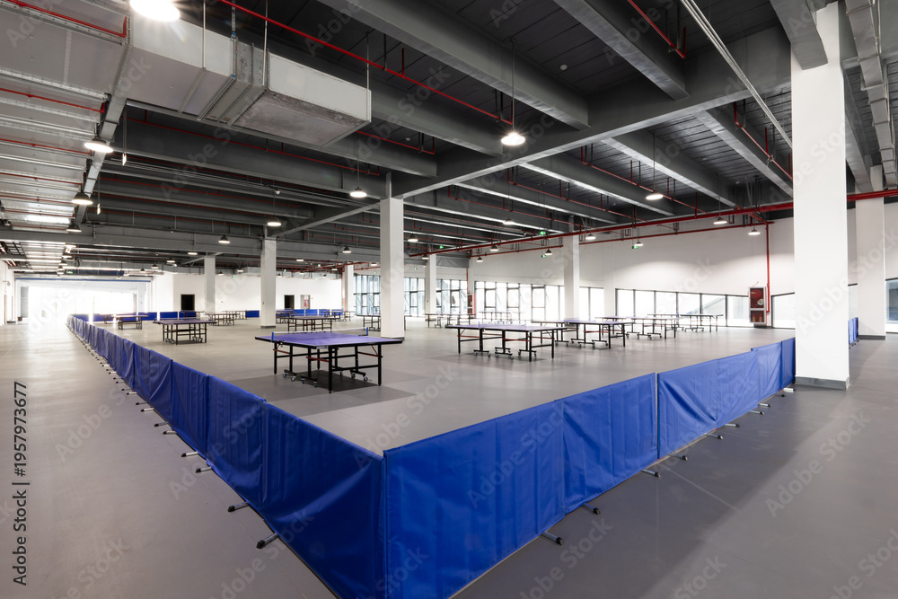 Fototapeta premium Indoor sports hall with neatly arranged table tennis tables and blue barriers