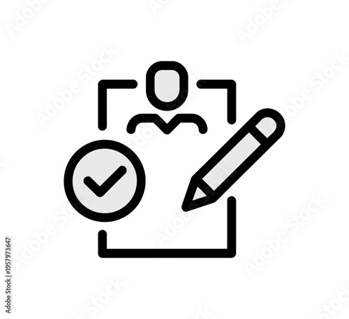 Minimalist user profile registration icon with checkmark and pencil symbol for digital account creation and administrative task management systems